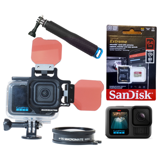 GoPro 13 Camera + Housing + 64GB Sandisk Card + FLIP Pro with Two Filters & +15 Lens + Pole