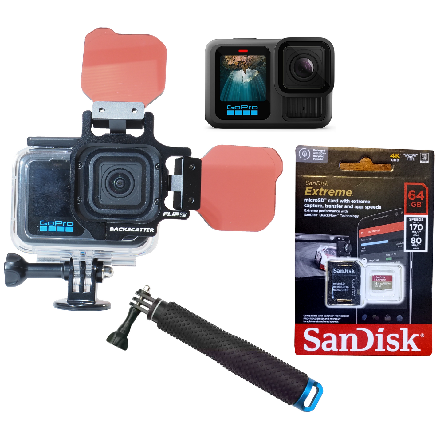GoPro 13 Camera + Housing + 64GB Sandisk Card + FLIP Two Filter Kit + Pole