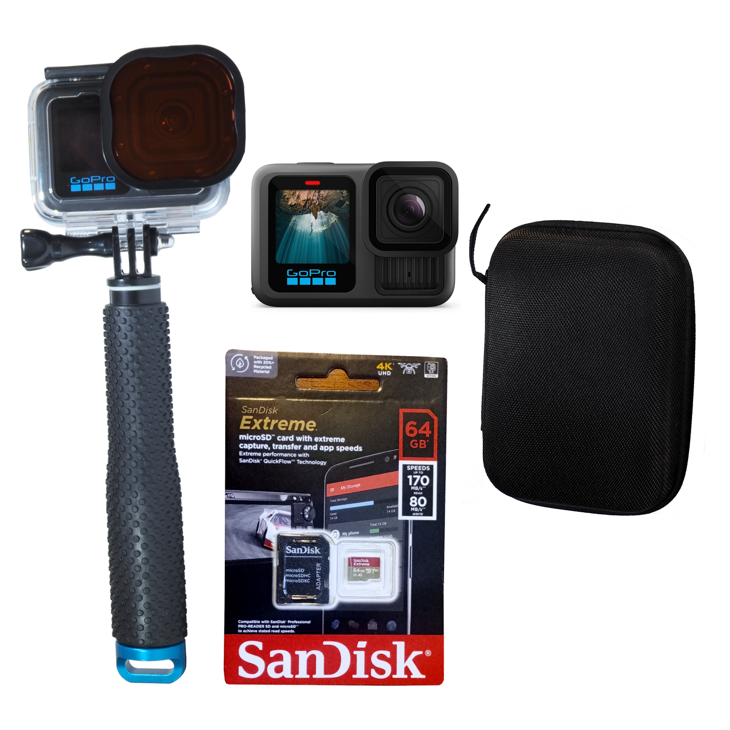 GoPro 13 Camera + Housing + 64GB Sandisk Card + Filter + Pole + Padded Case