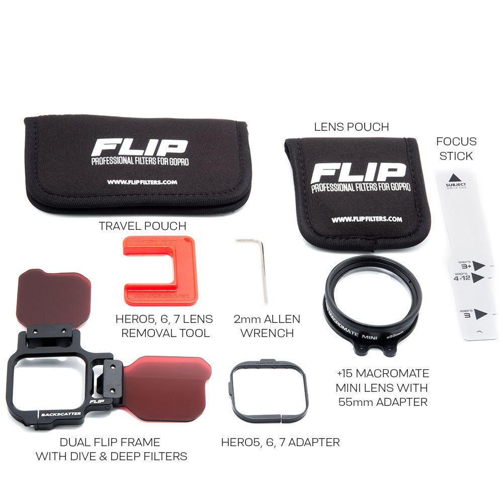 FLIP12 Pro Package with DIVE & DEEP Filters & +15 MacroMate Mini Lens for GoPro HERO 5, 6, 7, 8, 9, 10, 11, 12, 13
