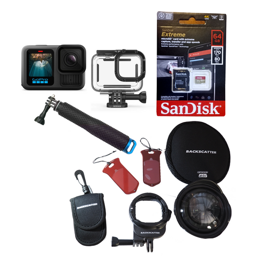 GoPro 13 Camera + Housing + 64GB Sandisk Card + Backscatter Wide Lens + Grip