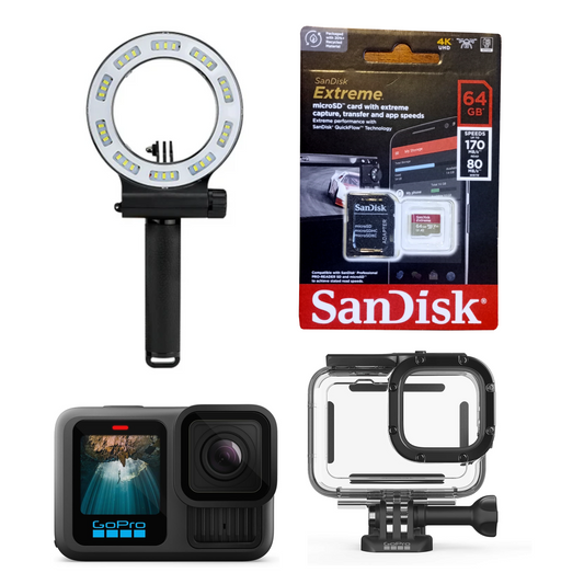 GoPro 13 Camera + Housing + 64GB Sandisk Card + Ring Light